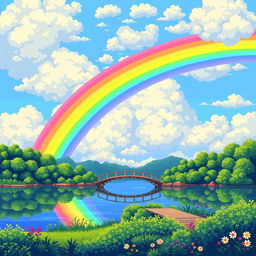 A vibrant pixel art scene depicting a stunning rainbow arching over a serene lake