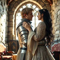 A realistic image of a 22-year-old blonde medieval knight embracing an 18-year-old European princess with long black hair at the back of a stone castle room