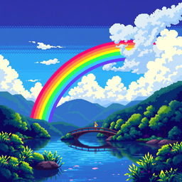 A vibrant pixel art scene depicting a stunning rainbow arching over a serene lake