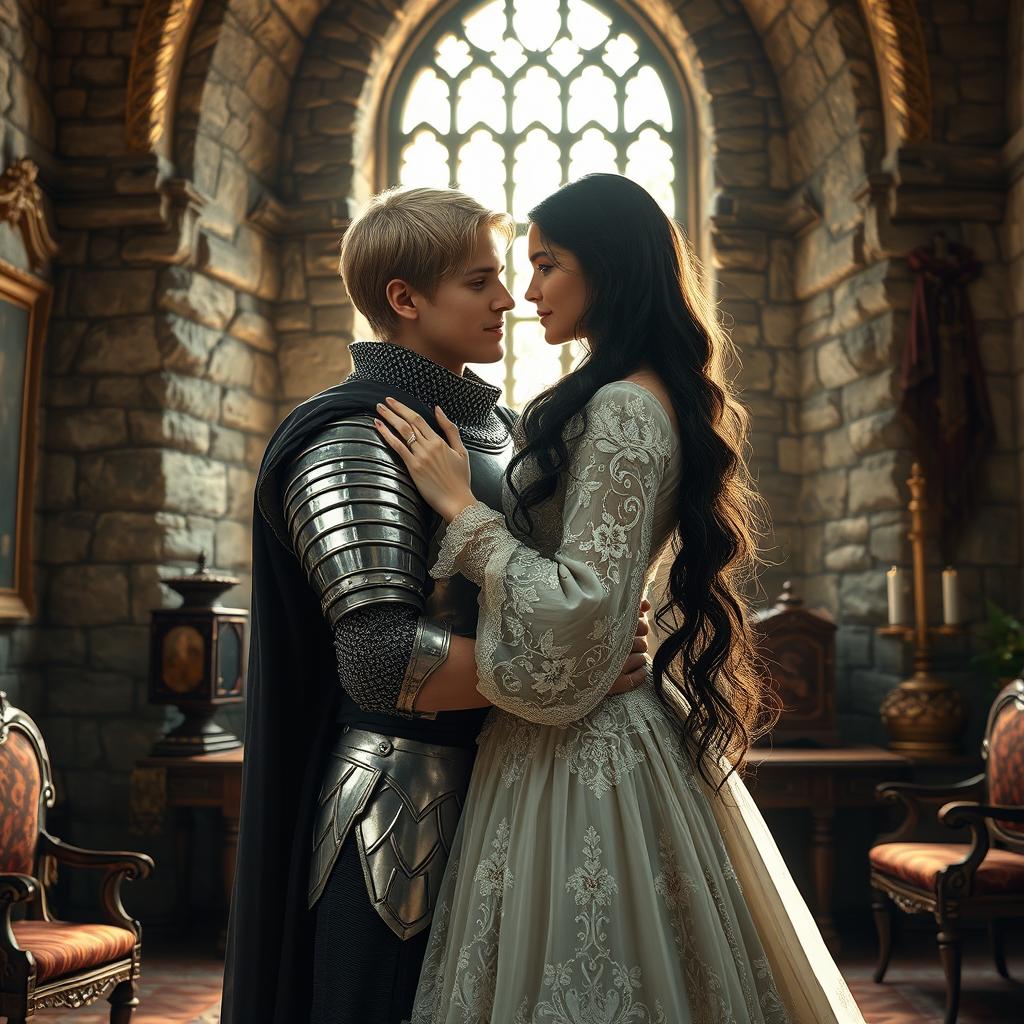 A realistic image of a 22-year-old blonde medieval knight embracing an 18-year-old European princess with long black hair at the back of a stone castle room