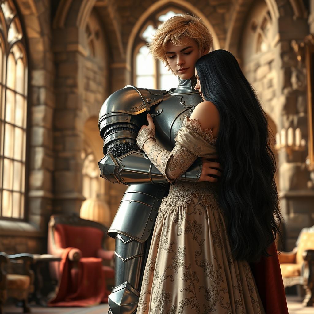 A full-body realistic image of a 22-year-old blonde medieval knight embracing an 18-year-old European princess with long black hair in the background of a stone castle room