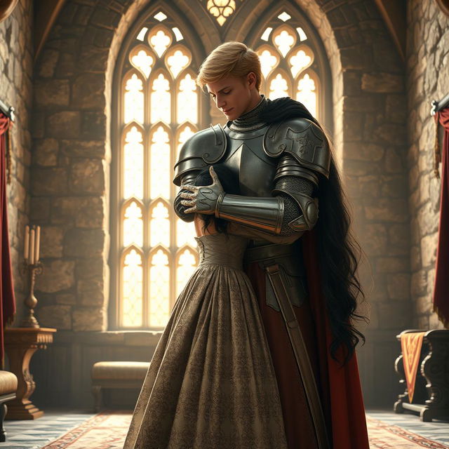 A full-body realistic image of a 22-year-old blonde medieval knight embracing an 18-year-old European princess with long black hair in the background of a stone castle room