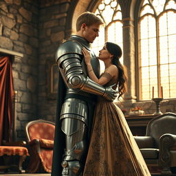 A full-body realistic image of a 22-year-old blonde medieval knight embracing an 18-year-old European princess with long black hair in the background of a stone castle room