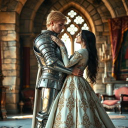 A full-body realistic image of a 22-year-old blonde medieval knight embracing an 18-year-old European princess with long black hair in the background of a stone castle room