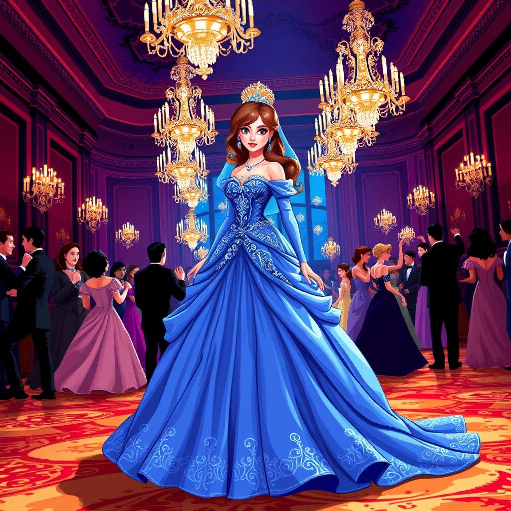 A stunning princess at a lavish ball, adorned in an exquisite blue dress with intricate details and flowing elegance