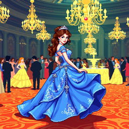 A stunning princess at a lavish ball, adorned in an exquisite blue dress with intricate details and flowing elegance