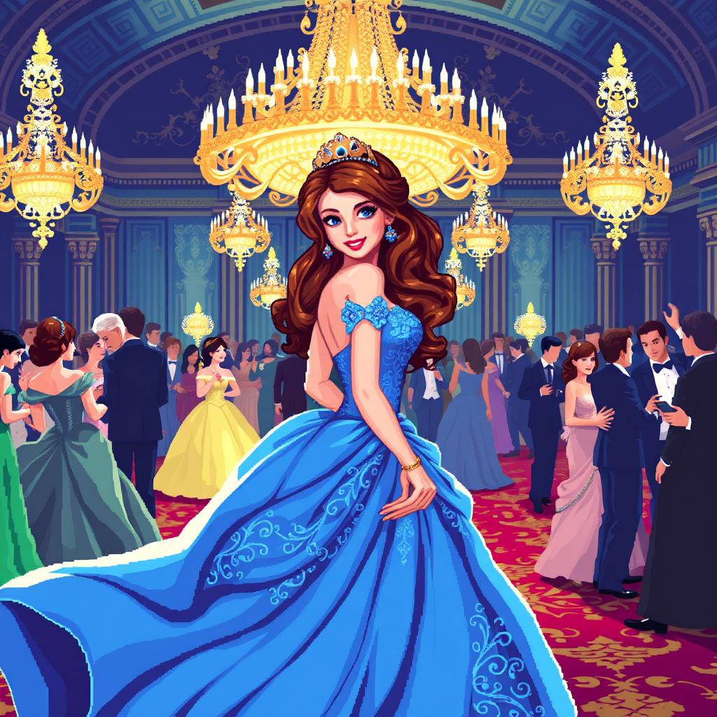 A stunning princess at a lavish ball, adorned in an exquisite blue dress with intricate details and flowing elegance