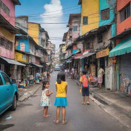 Translate the scene of a compassionate kid helping a crying girl into a stylized, vibrant comic strip. The backdrop is the busy, colorful streets of Tondo, Philippines.