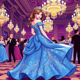 A stunning princess at a lavish ball, adorned in an exquisite blue dress with intricate details and flowing elegance