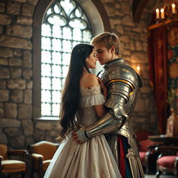 An image of a 22-year-old blonde medieval knight embracing an 18-year-old European princess with long black hair at the back of a stone castle room