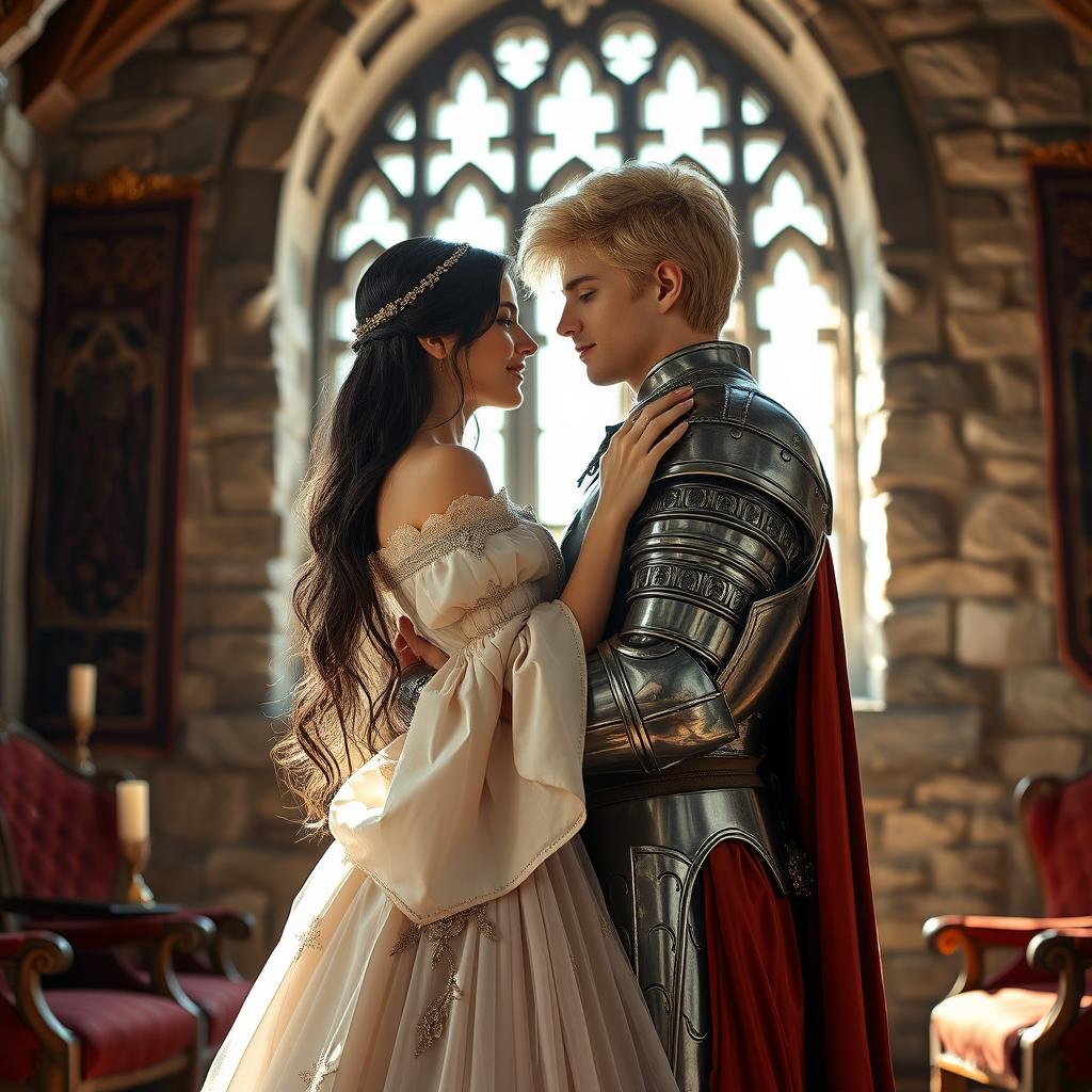 An image of a 22-year-old blonde medieval knight embracing an 18-year-old European princess with long black hair at the back of a stone castle room