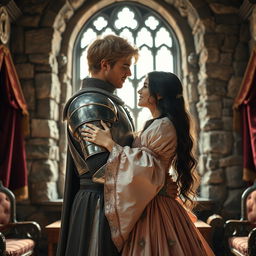 An image of a 22-year-old blonde medieval knight embracing an 18-year-old European princess with long black hair at the back of a stone castle room