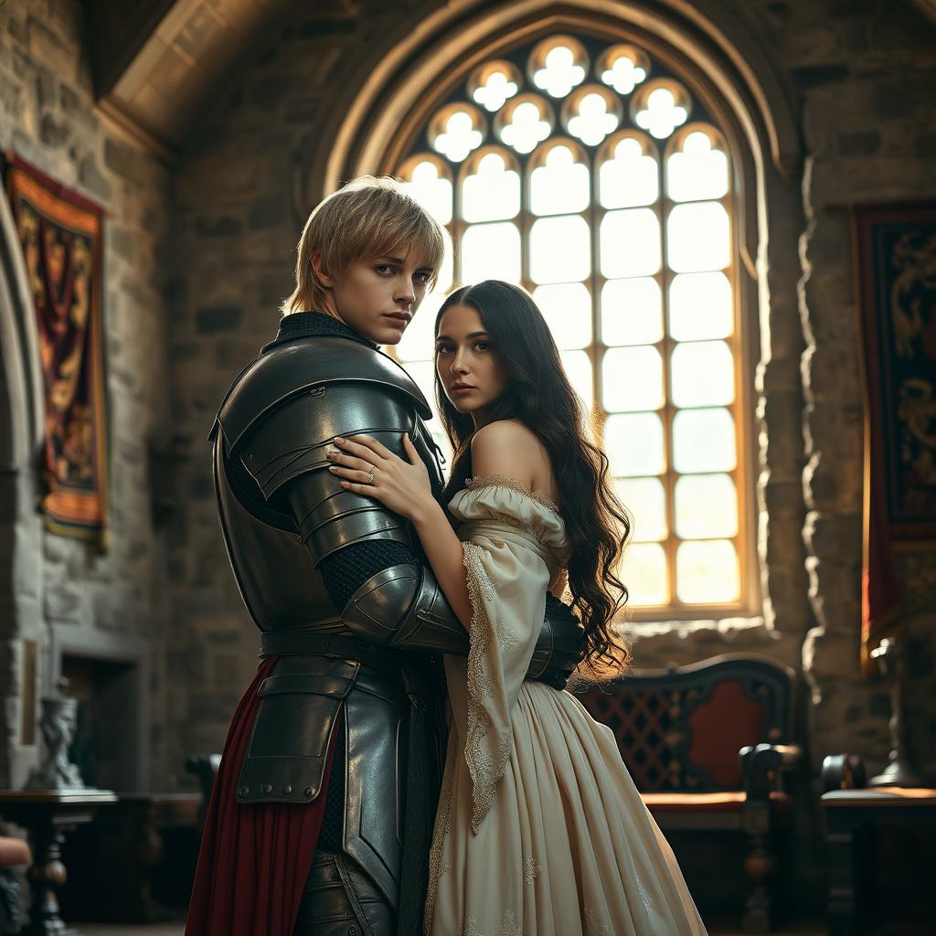 An image of a 22-year-old blonde medieval knight with shoulder-length hair embracing an 18-year-old European princess with long black hair at the back of a stone castle room