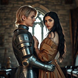 An image of a 22-year-old blonde medieval knight with shoulder-length hair embracing an 18-year-old European princess with long black hair at the back of a stone castle room