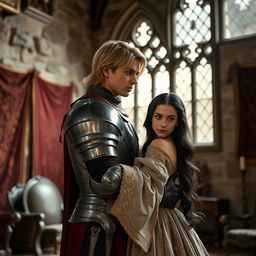 An image of a 22-year-old blonde medieval knight with shoulder-length hair embracing an 18-year-old European princess with long black hair at the back of a stone castle room