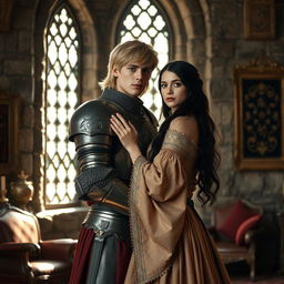 An image of a 22-year-old blonde medieval knight with shoulder-length hair embracing an 18-year-old European princess with long black hair at the back of a stone castle room