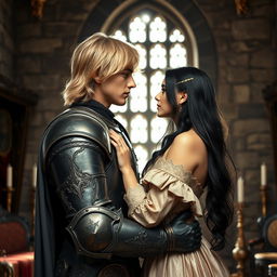 An image of a 22-year-old blonde medieval knight with shoulder-length hair embracing a young 18-year-old European princess with long black hair in the background of a stone castle room