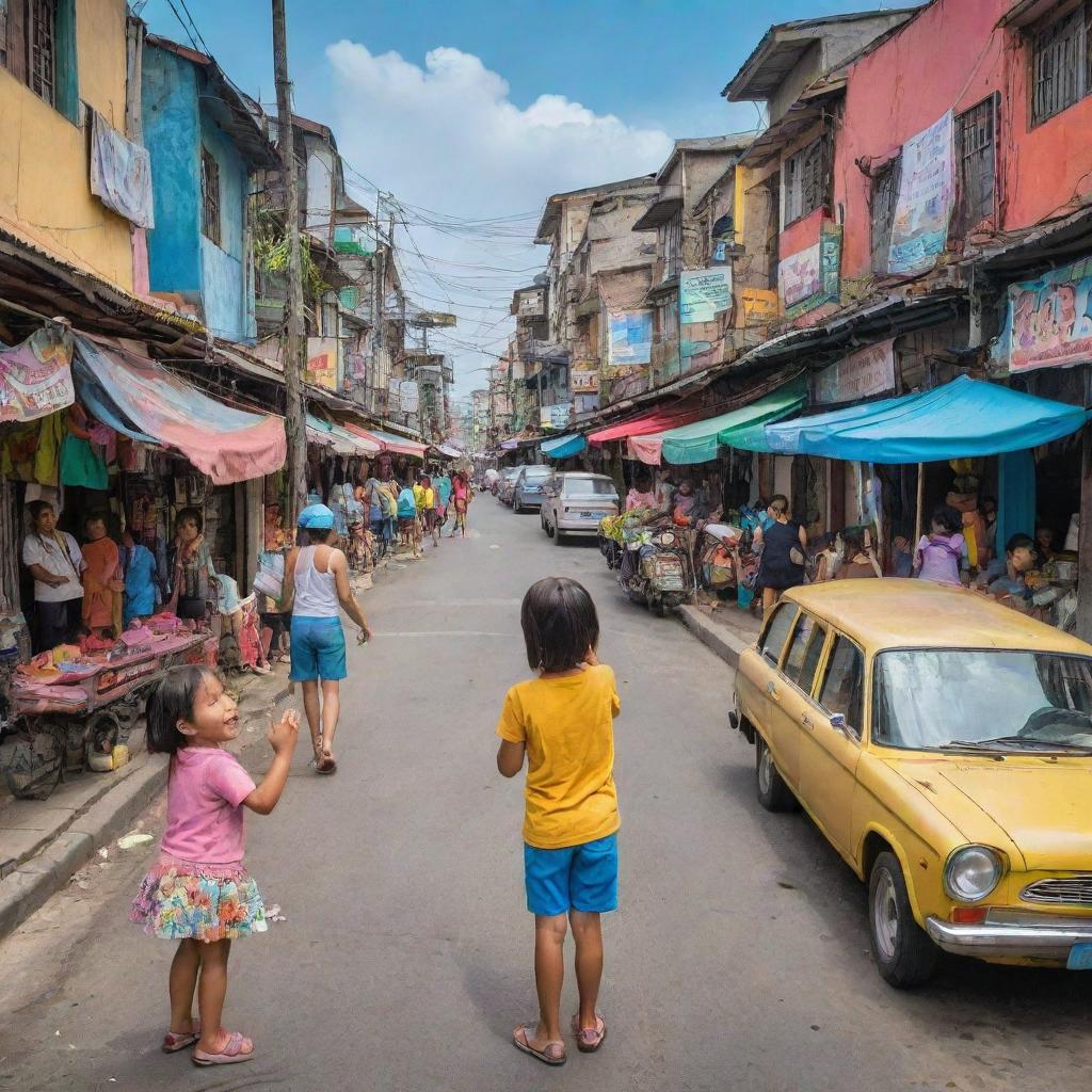 Translate the scene of a compassionate kid helping a crying girl into a stylized, vibrant comic strip. The backdrop is the busy, colorful streets of Tondo, Philippines.