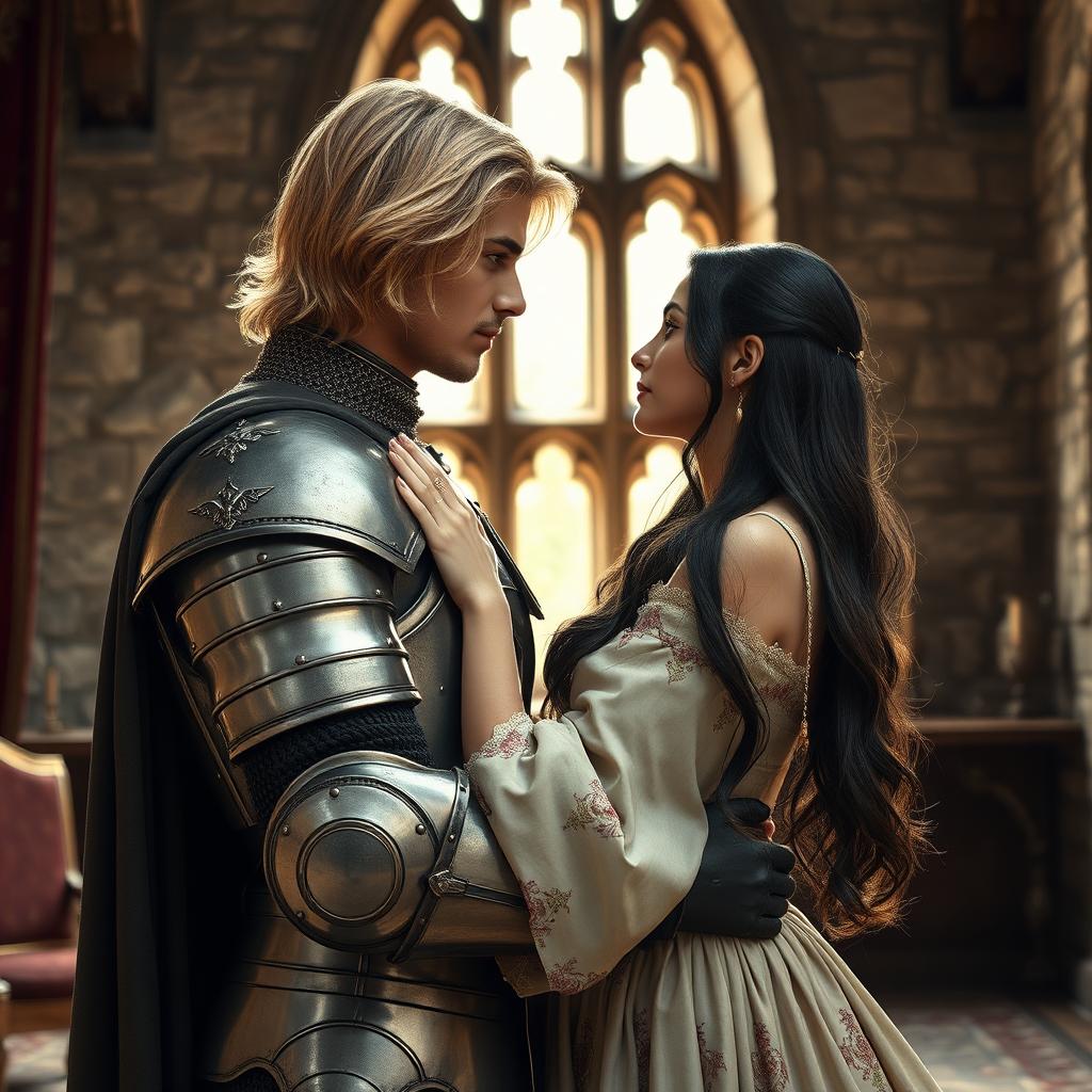 An image of a 22-year-old blonde medieval knight with shoulder-length hair embracing a young 18-year-old European princess with long black hair in the background of a stone castle room