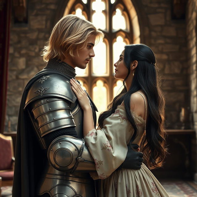 An image of a 22-year-old blonde medieval knight with shoulder-length hair embracing a young 18-year-old European princess with long black hair in the background of a stone castle room