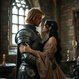 An image of a 22-year-old blonde medieval knight with shoulder-length hair embracing a young 18-year-old European princess with long black hair in the background of a stone castle room