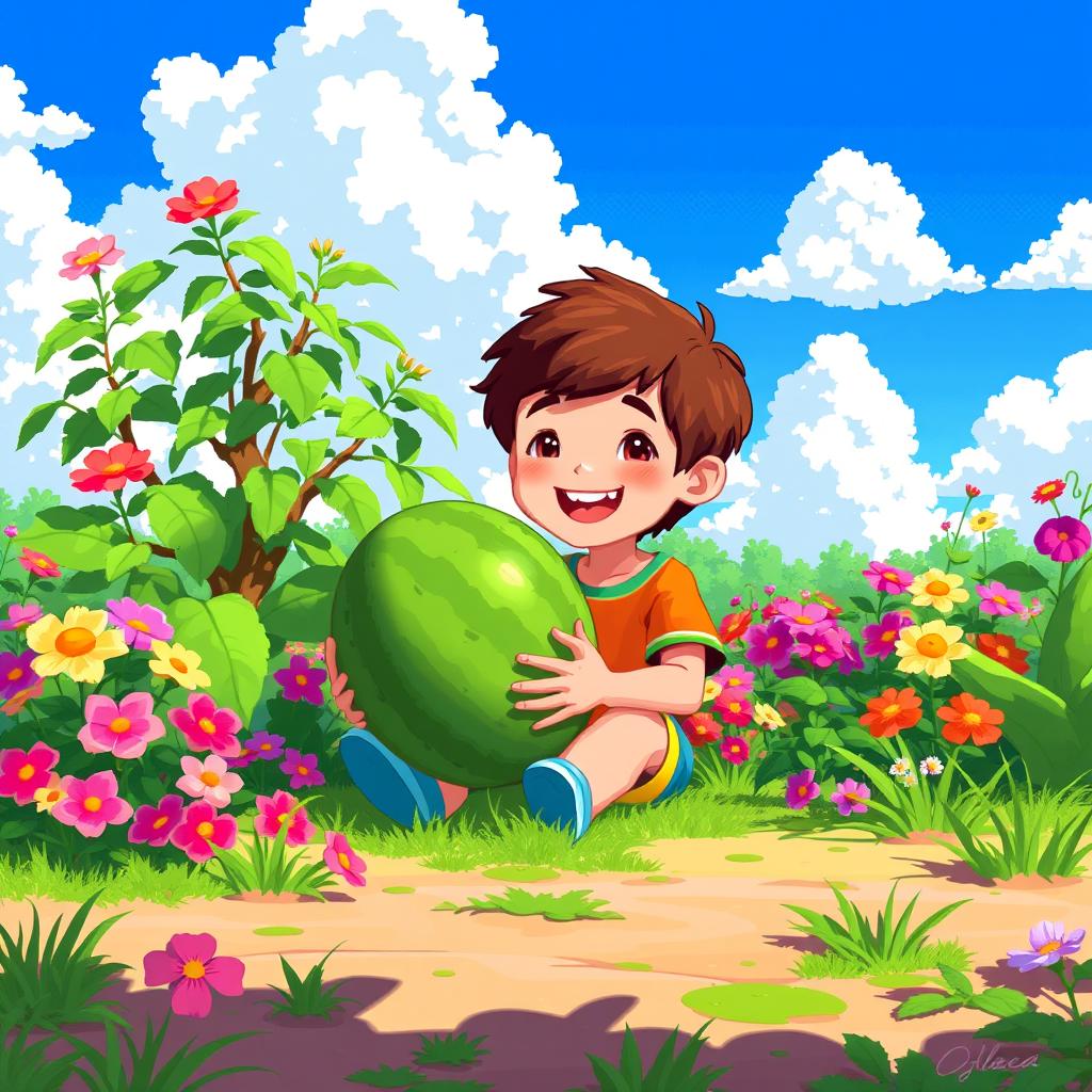 A vibrant pixel art scene depicting a cheerful boy sitting in a lush garden, holding a large watermelon