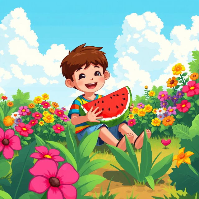 A vibrant pixel art scene depicting a cheerful boy sitting in a lush garden, holding a large watermelon