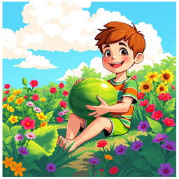 A vibrant pixel art scene depicting a cheerful boy sitting in a lush garden, holding a large watermelon