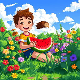 A vibrant pixel art scene depicting a cheerful boy sitting in a lush garden, holding a large watermelon