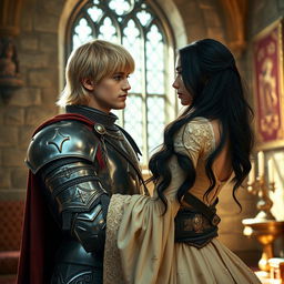 An image of a 22-year-old blonde medieval knight with shoulder-length hair embracing an 18-year-old European princess with long black hair in the background of a stone castle room