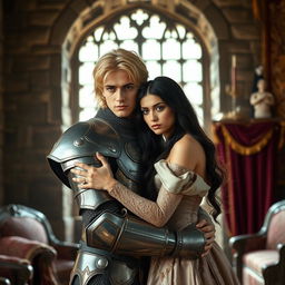 An image of a 22-year-old blonde medieval knight with shoulder-length hair embracing an 18-year-old European princess with long black hair in the background of a stone castle room