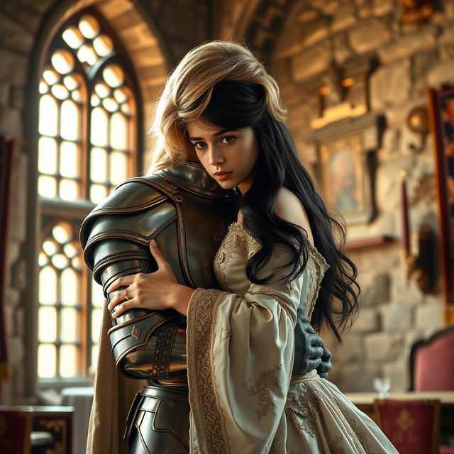 An image of a 22-year-old blonde medieval knight with shoulder-length hair embracing an 18-year-old European princess with long black hair in the background of a stone castle room