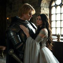 An image of a 22-year-old blonde medieval knight with shoulder-length hair embracing an 18-year-old European princess with long black hair in the background of a stone castle room