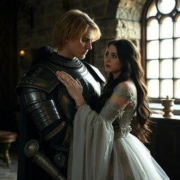 An image of a 22-year-old blonde medieval knight with shoulder-length hair embracing an 18-year-old European princess with long black hair in the background of a stone castle room