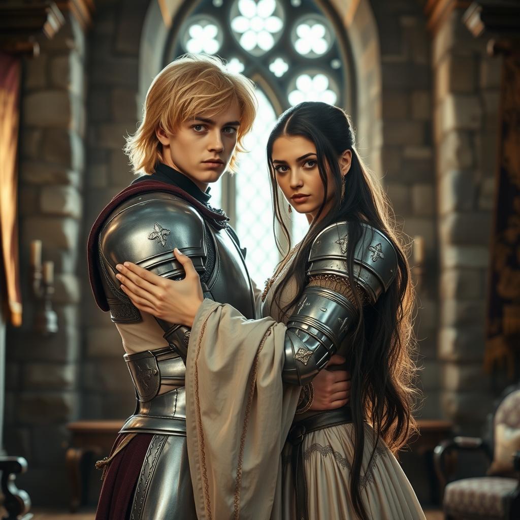 An image of a 22-year-old blonde medieval knight with shoulder-length hair embracing an 18-year-old European princess with long black hair in the background of a stone castle room