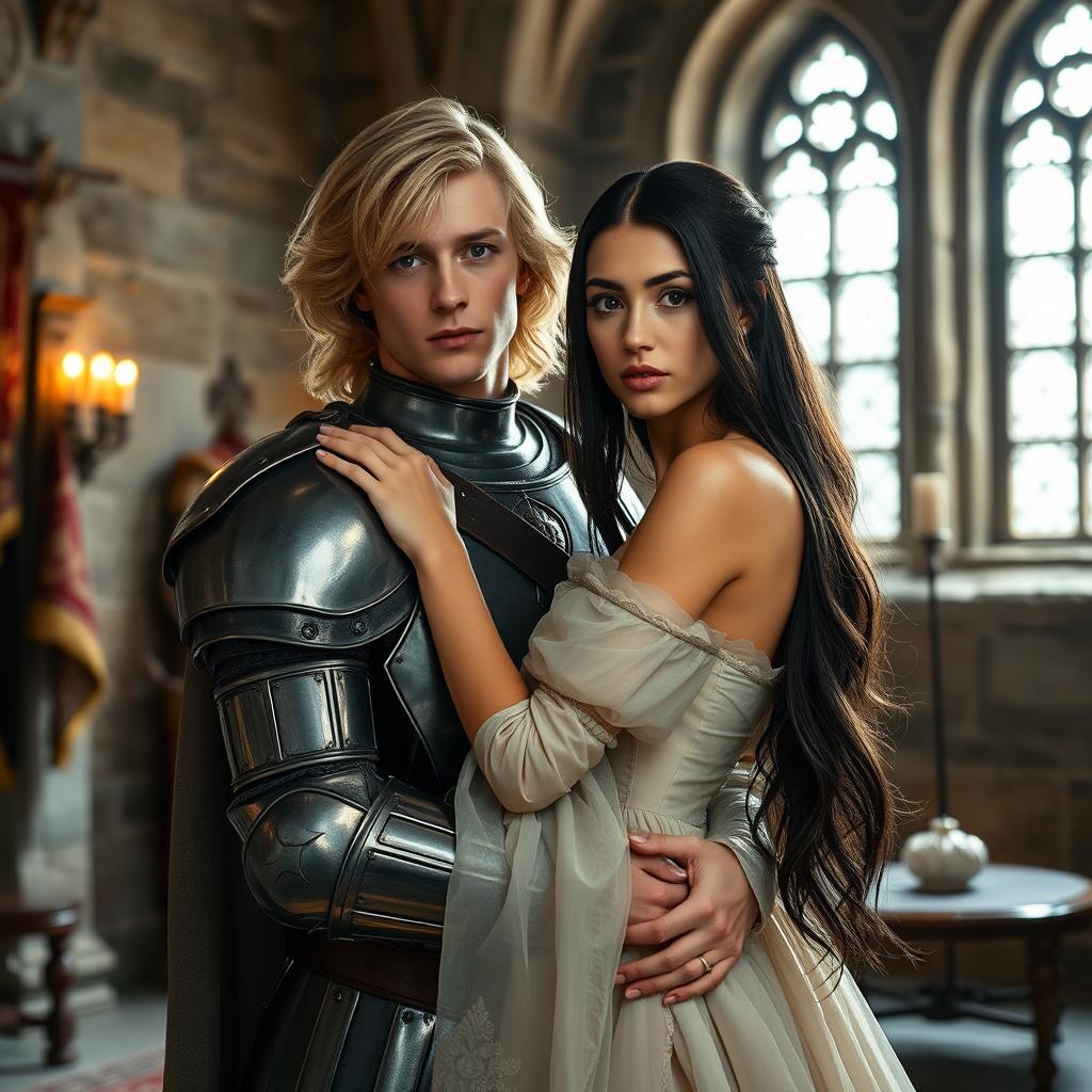 An image of a 22-year-old blonde medieval knight with shoulder-length hair embracing an 18-year-old European princess with long black hair in the background of a stone castle room