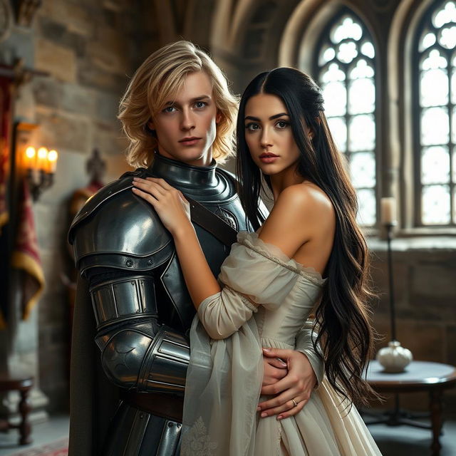 An image of a 22-year-old blonde medieval knight with shoulder-length hair embracing an 18-year-old European princess with long black hair in the background of a stone castle room