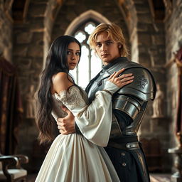 An image of a 22-year-old blonde medieval knight with shoulder-length hair embracing an 18-year-old European princess with long black hair in the background of a stone castle room