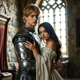 An image of a 22-year-old blonde medieval knight with shoulder-length hair embracing an 18-year-old European princess with long black hair in the background of a stone castle room