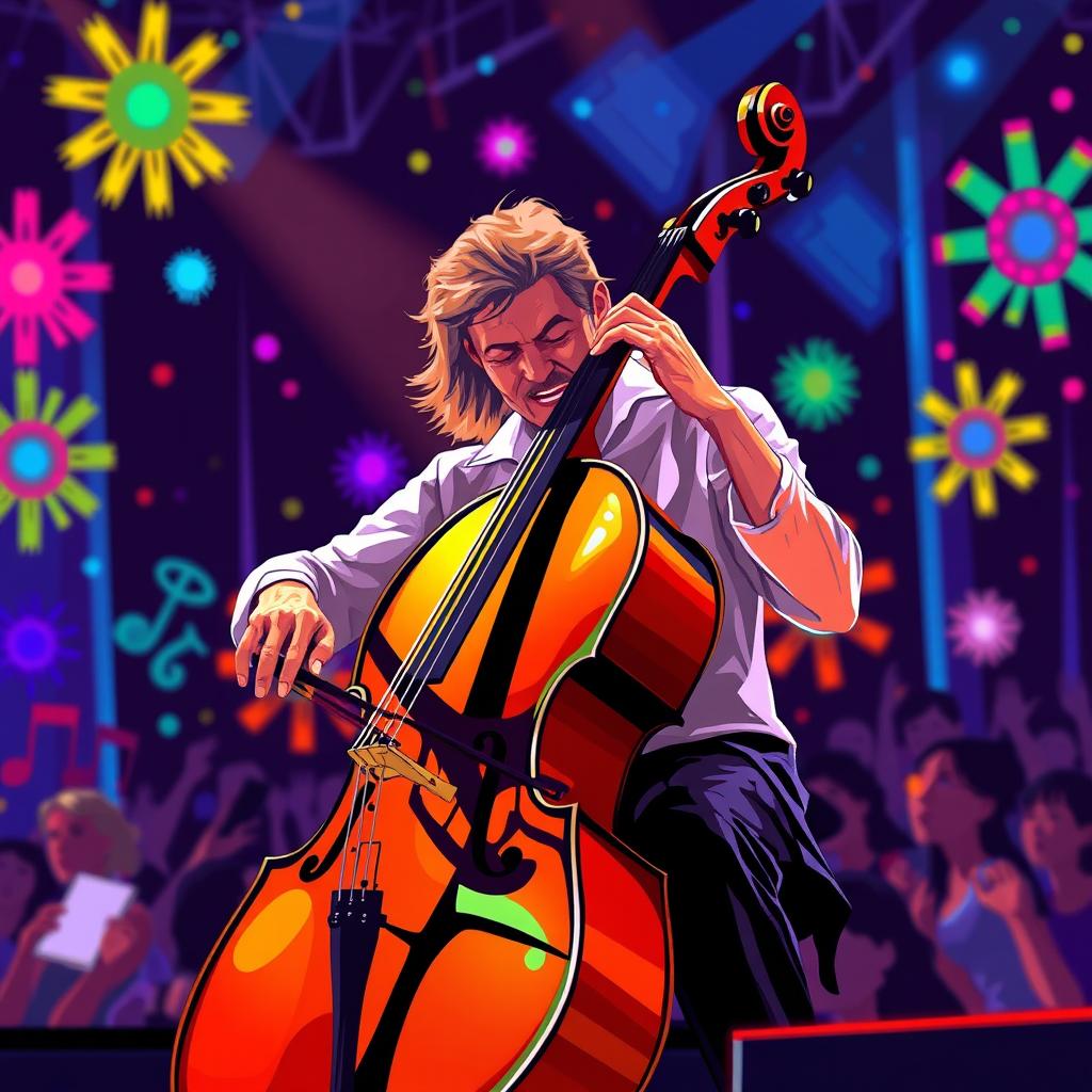 A vibrant and dynamic scene of a musician playing a cello on stage, surrounded by colorful lights and an enthusiastic audience