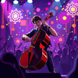 A vibrant and dynamic scene of a musician playing a cello on stage, surrounded by colorful lights and an enthusiastic audience