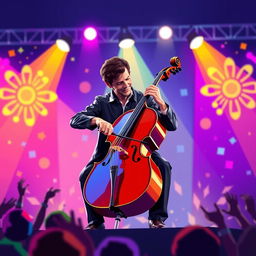 A vibrant and dynamic scene of a musician playing a cello on stage, surrounded by colorful lights and an enthusiastic audience