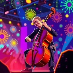 A vibrant and dynamic scene of a musician playing a cello on stage, surrounded by colorful lights and an enthusiastic audience