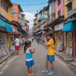 Translate the scene of a compassionate kid helping a crying girl into a stylized, vibrant comic strip. The backdrop is the busy, colorful streets of Tondo, Philippines.