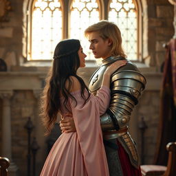 An image of a 22-year-old blonde medieval knight with shoulder-length hair embracing an 18-year-old European princess with long black hair in the background of a stone castle room