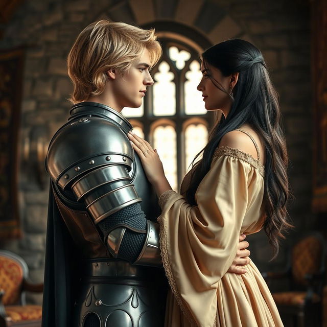 An image of a 22-year-old blonde medieval knight with shoulder-length hair embracing an 18-year-old European princess with long black hair in the background of a stone castle room