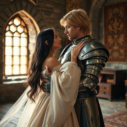 An image of a 22-year-old blonde medieval knight with shoulder-length hair embracing an 18-year-old European princess with long black hair in the background of a stone castle room