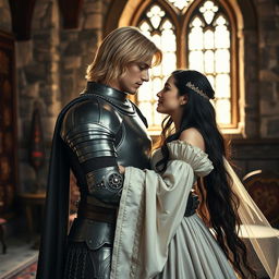 An image of a 22-year-old blonde medieval knight with shoulder-length hair embracing an 18-year-old European princess with long black hair in the background of a stone castle room