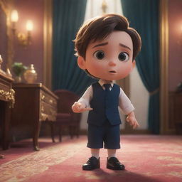 An animated, cinematic frame featuring a little guy heroically helping a poshly dressed, lost rich girl. The scene is infused with drama, rendered in vivid animation aesthetics.