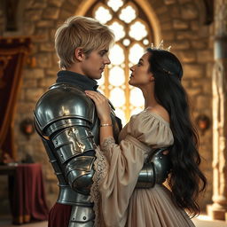 An image of a 22-year-old blonde medieval knight embracing an 18-year-old European princess with long black hair in the background of a stone castle room